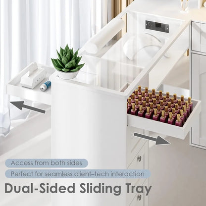 Professional LED Nail Table with USB Ports, Glass Top, Storage Cabinet & Drawers for Salon Manicure Workstation
