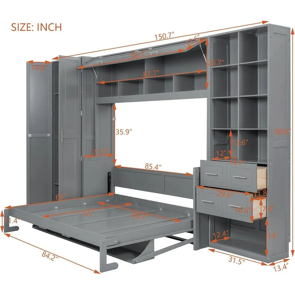 Grey Queen-Size Horizontal Murphy Bed with Desk, Storage Wardrobe, Drawers, and Shelves