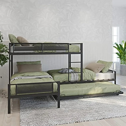 L-Shape Triple Bunk Bed with Trundle, Metal Quad Bunk Beds Twin Over Twin for 4 Kids, Heavy Duty 4 Small Bunkbeds