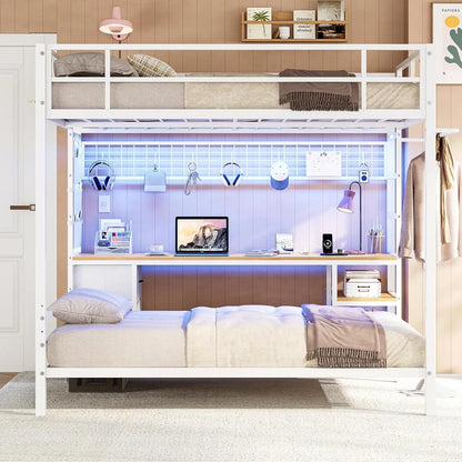 Full Over Twin Bunk Bed with Desk and Led Lights Metal Loft Bed Frame with Charging Station,Storage Shelves and Drawers
