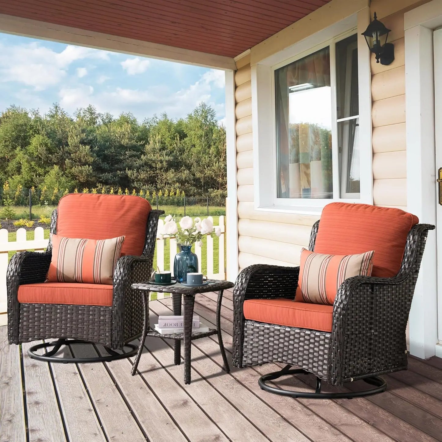 Luxury, Outdoor, Swivel Rocker Patio Chairs with Thick Cushions and Side Table,3 PCS High Back