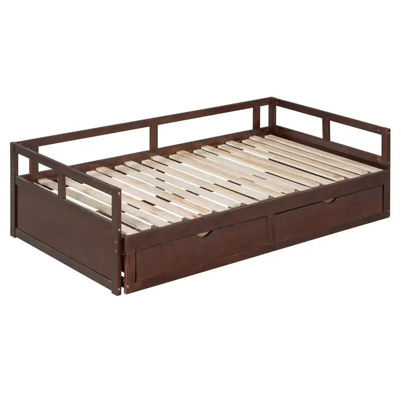 Wooden Daybed with Trundle and 2 Storage Drawers, Expandable Bed/Sofa for Bedroom or Living Room, Espresso Finish