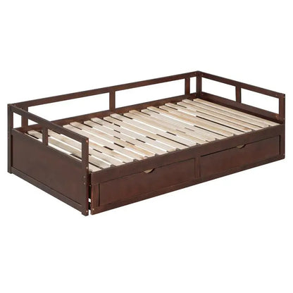 Wooden Daybed with Trundle and 2 Storage Drawers, Expandable Bed/Sofa for Bedroom or Living Room, Espresso Finish