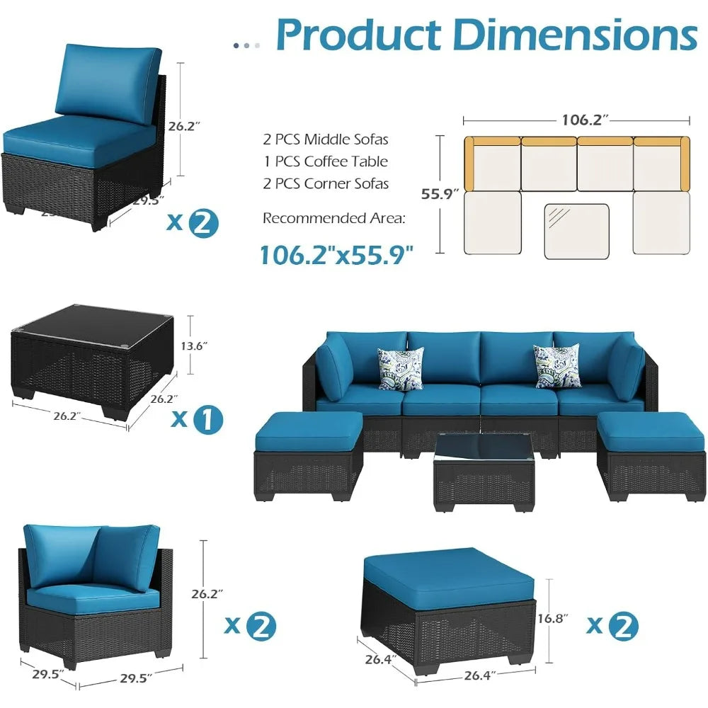 7 Piece Outdoor Patio Furniture Set, PE Rattan Outdoor Wicker Sectional Furniture Chair Set with Cushions and Table