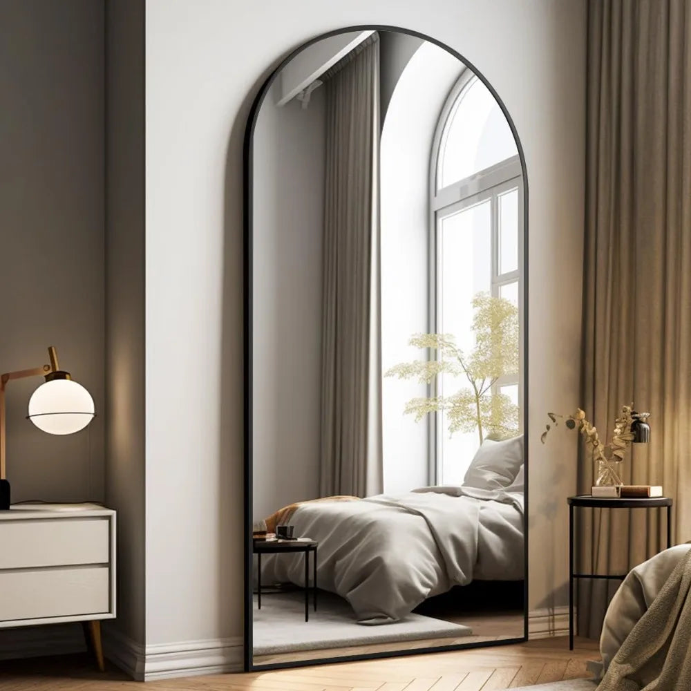 Oversized Arched Full Length Floor Mirror 76 x 34 with Black Metal Frame Stand or Wall Mount