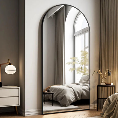 Oversized Arched Full Length Floor Mirror 76 x 34 with Black Metal Frame Stand or Wall Mount