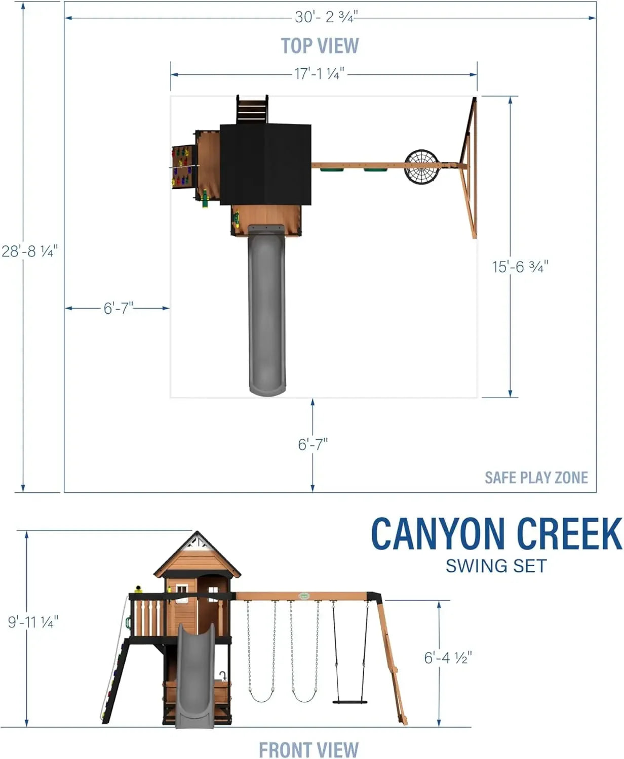 Canyon Creek Cedar Wood Swing Set with Wave Slide, Clubhouse, Play Kitchen, Picnic Area, Belt Swings, Web Swing, Rock Wall,