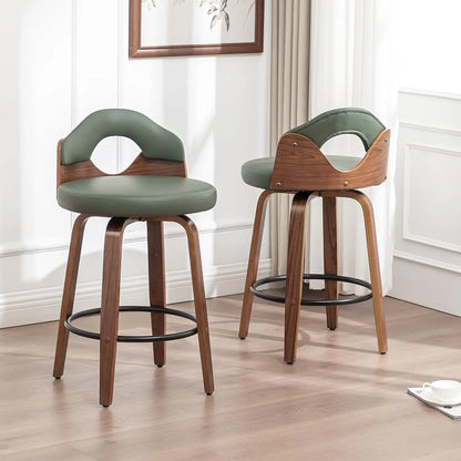 26" Swivel Bar Stools Set of 2,Mid Century Modern Beige Faux Leather Barstools, Wood Counter Height Bar Chairs with Low Back