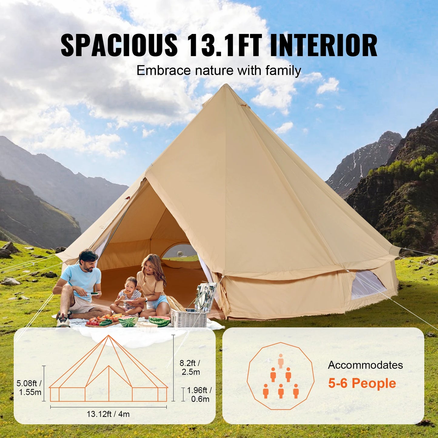 Canvas Bell Tent 4 Seasons 13.12 ft Yurt Tent Canvas Tent for Camping with Stove Jack Breathable Tent Holds 6 People