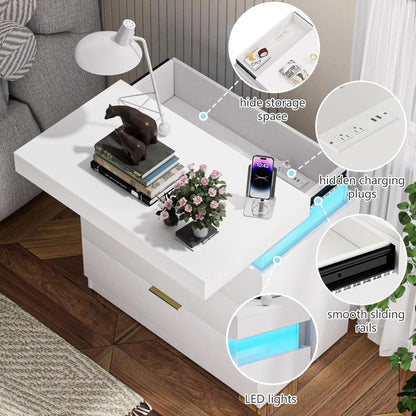 30.5''H Tall White Nightstand with LED Light, Large Night Stand with 3 Drawer & Sliding Top Bedside Table