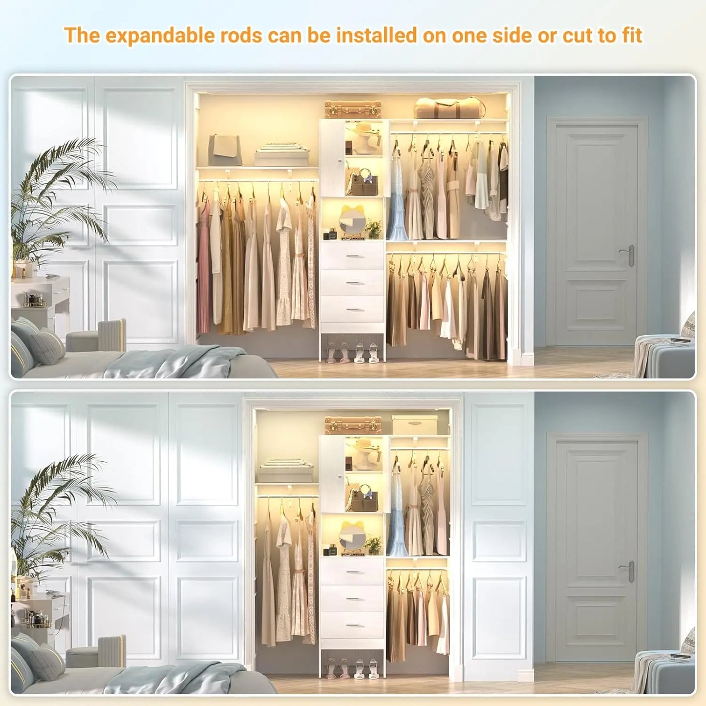 96 Inches Walk In Closet System with Doors & 3 Shelving Towers, Heavy Duty Clothes Garment Rack with 3 Wood Drawers