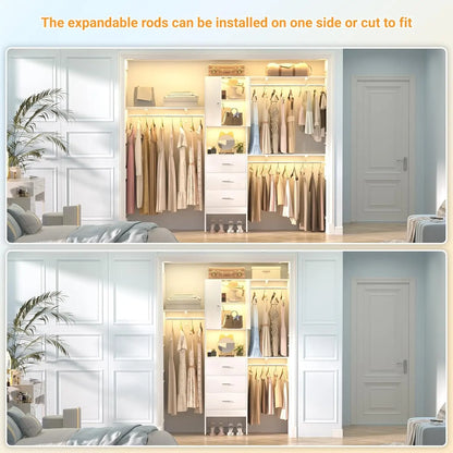 96 Inches Walk In Closet System with Doors & 3 Shelving Towers, Heavy Duty Clothes Garment Rack with 3 Wood Drawers