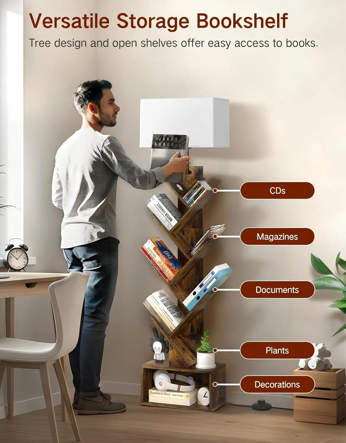 6-Tier Tall  Rustic Bookshelf with Light, Remote & Timer, Modern Narrow Wood Floor Bookcase for Living Room