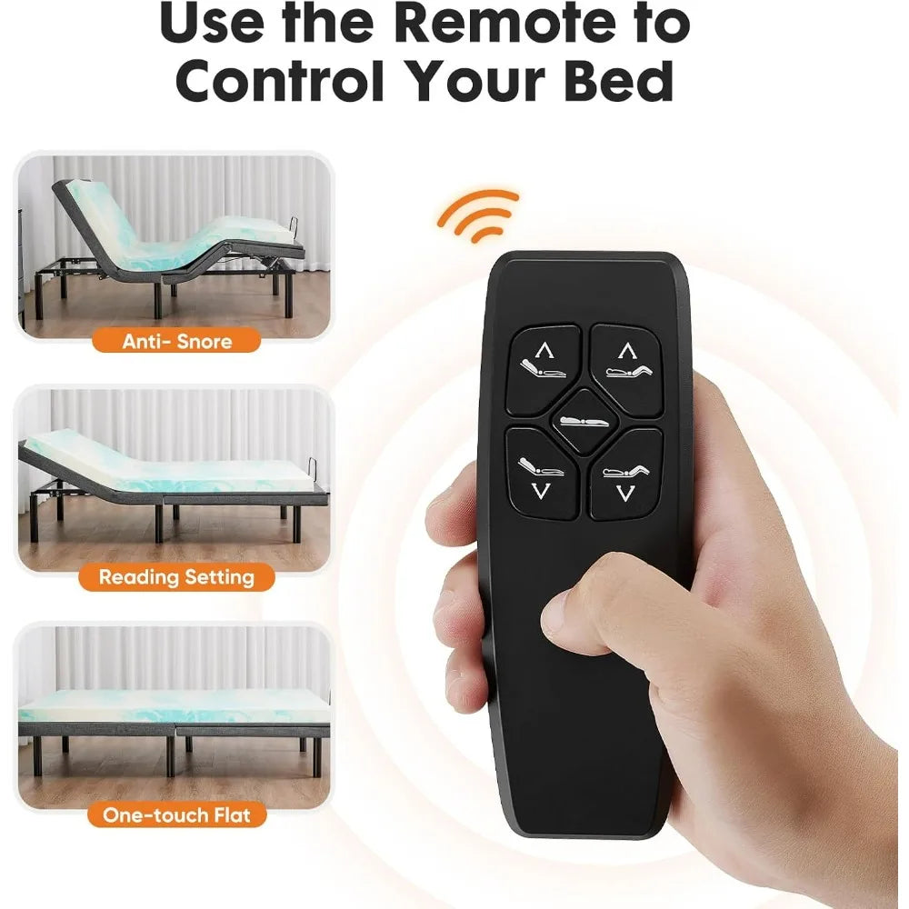"twin xl ergonomic adjustable bed base with wireless remote, usb charging, and head/foot tilt features"