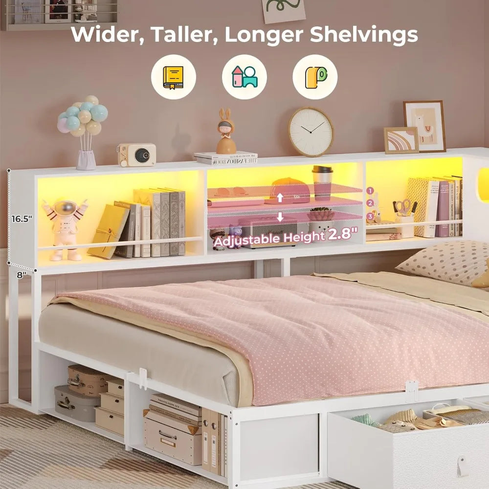 twin corner bed frame with bookcase storage & led light headboard, metal daybed with 3 drawers & 2 open cubbiies