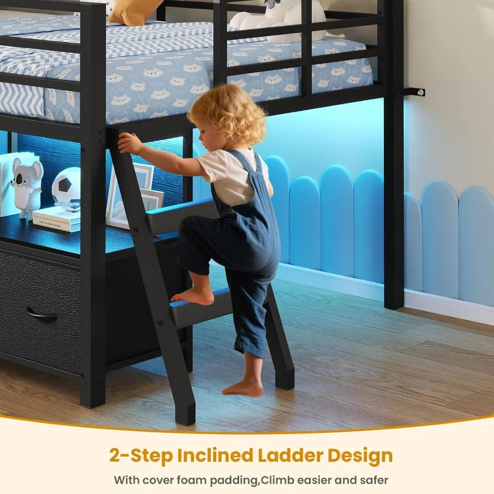 Low, Loft Bed Twin Size with 7 Storage Drawers, Bookcase and LED Lights, Metal Kids Loft Bed with 14" H Safety Guardrail, Incline Ladder