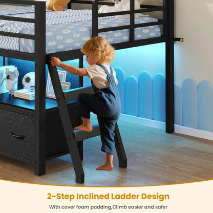 Low, Loft Bed Twin Size with 7 Storage Drawers, Bookcase and LED Lights, Metal Kids Loft Bed with 14" H Safety Guardrail, Incline Ladder