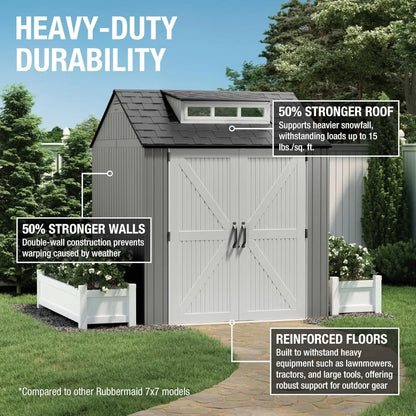 Weatherproof Gray Rubbermaid Resin Storage Shed, 7ft x 7ft, with Floor, for Outdoor Home, Backyard, and Garden Tool Organization