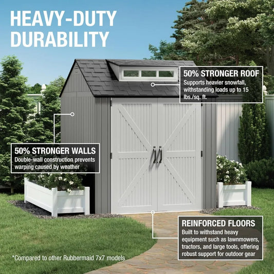 Weatherproof Gray Rubbermaid Resin Storage Shed, 7ft x 7ft, with Floor, for Outdoor Home, Backyard, and Garden Tool Organization