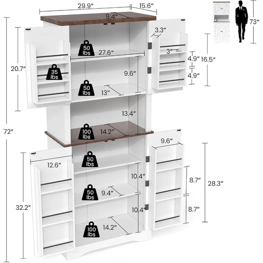 72" Kitchen Pantry, Farmhouse Cabinets with Barn Doors & Storage Shelves, Pantry Storage Cabinet- Coffee Bar