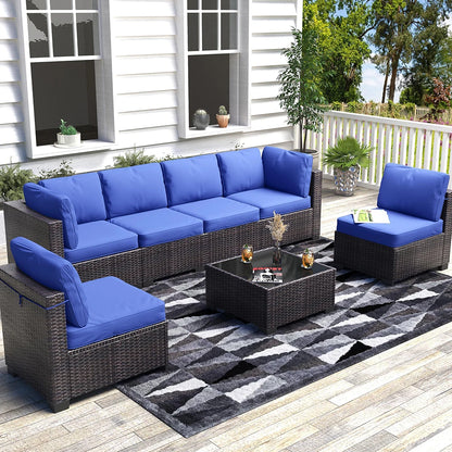 7-Piece PE Rattan Sectional Patio Set, Wicker Outdoor Sofa With Cushions & Glass Coffee Table