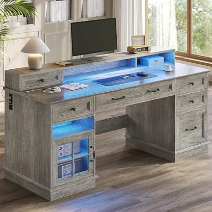 Farmhouse Executive Desk with Drawers Computer Desk with File Drawers, Power Outlet and Led Lights, Executive Office Desk