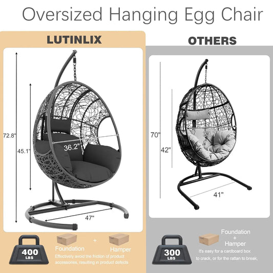 Oversized, Hanging Egg Chair Set 2 Outdoor Indoor Wicke,r Swing 400lbs for Patio Garden Balcony