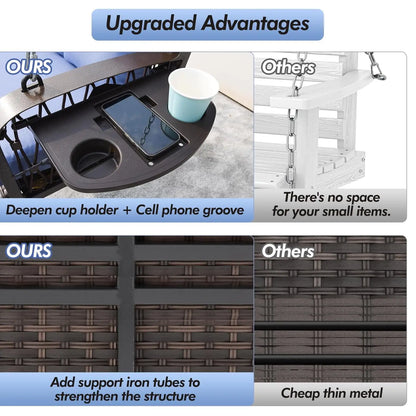 Wicker Porch Swing Heavy Duty 900 LBS 3-Seat Outdoor Patio Swing Chair with Cushions & 8.9ft Chains Outdoor Hanging,