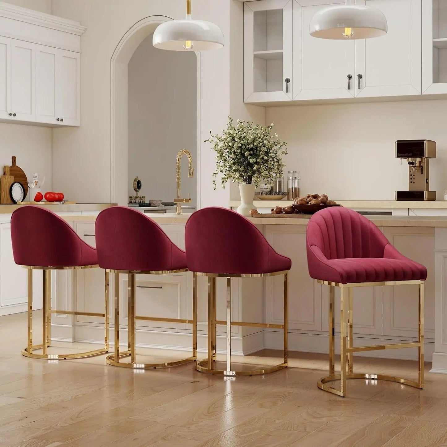 26'' Seat Height Velvet Bar Stools Set of 4, Counter Height, Gold Metal Frame and Footrest, Upholstered Barrel Back