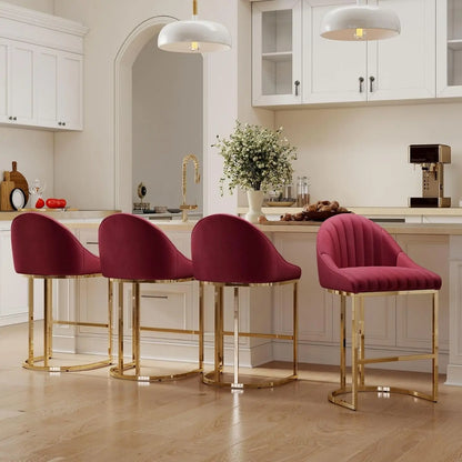 26'' Seat Height Velvet Bar Stools Set of 4, Counter Height, Gold Metal Frame and Footrest, Upholstered Barrel Back