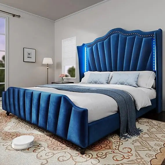 Queen Size Platform Bed Frame with 60" Tall Wingback Headboard and Footboard, Velvet Upholstered Bed with LED Light,