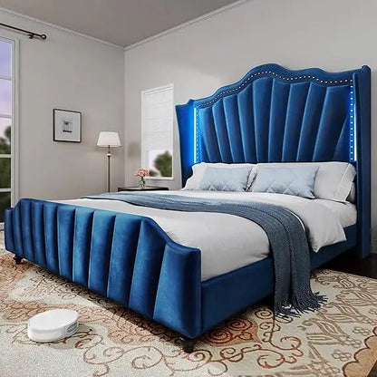 Queen Size Platform Bed Frame with 60" Tall Wingback Headboard and Footboard, Velvet Upholstered Bed with LED Light,