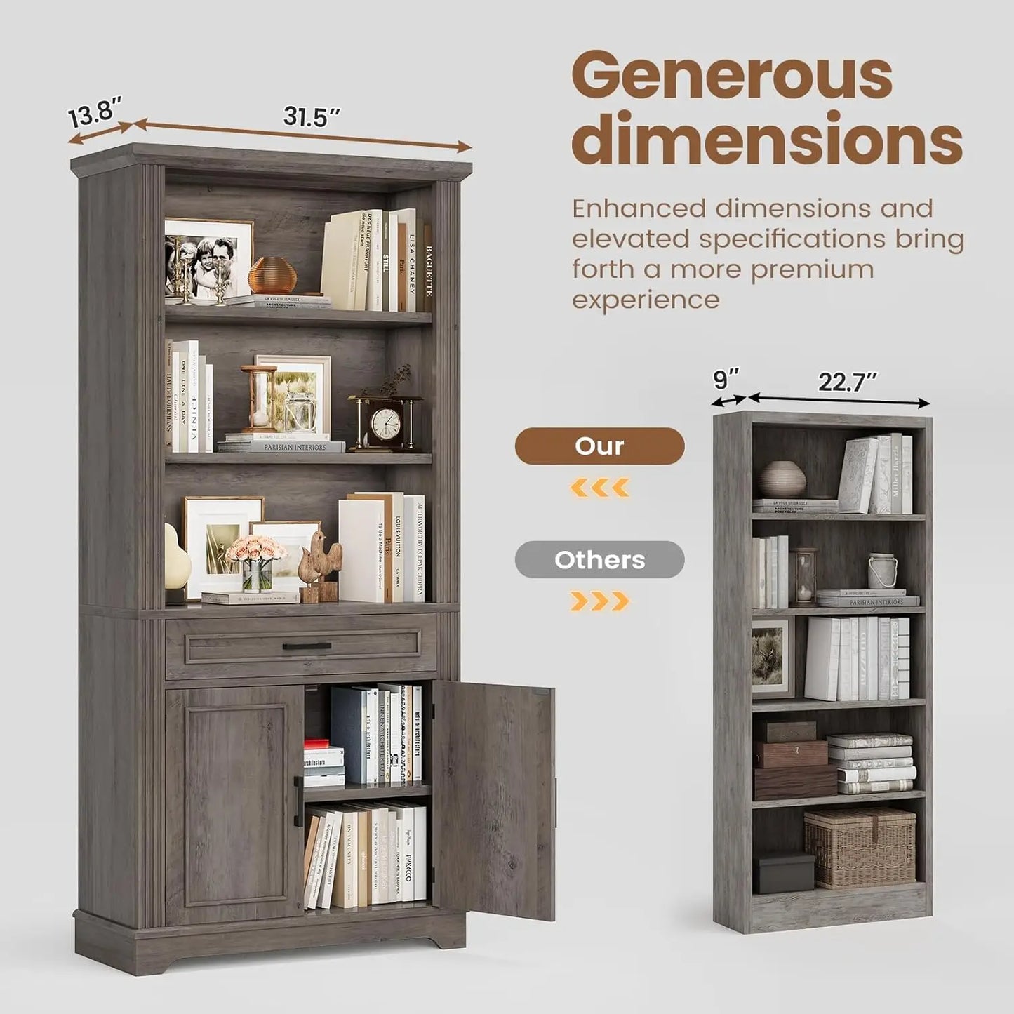 Farmhouse Bookshelves and Bookcases with Doors and Drawer, Bookshelf with Storage