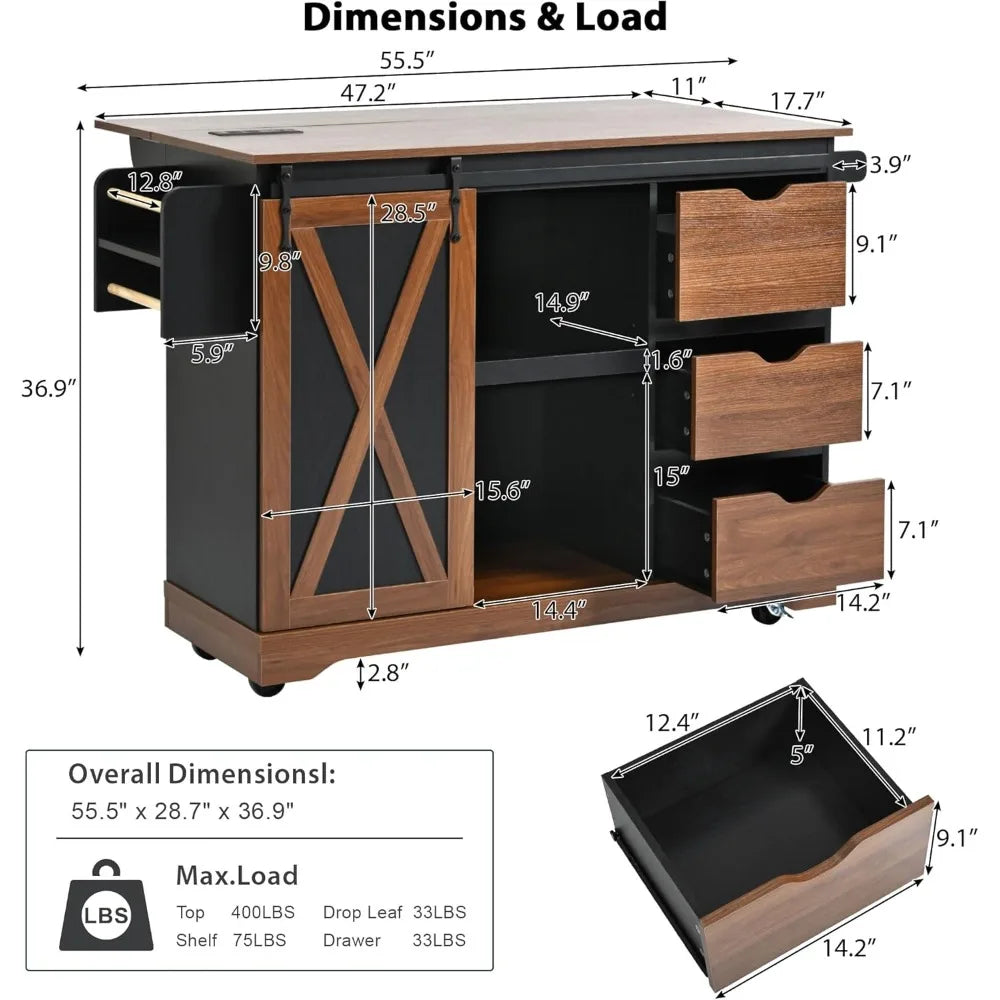"Rolling Kitchen Island with Drop Leaf, 55.5" Cart featuring Barn Door and Power Outlet"