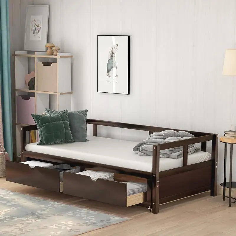 Wooden Daybed with Trundle and 2 Storage Drawers, Expandable Bed/Sofa for Bedroom or Living Room, Espresso Finish