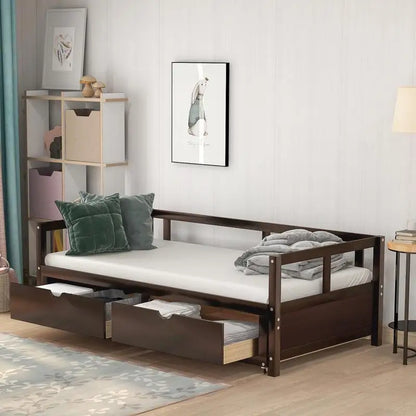 Wooden Daybed with Trundle and 2 Storage Drawers, Expandable Bed/Sofa for Bedroom or Living Room, Espresso Finish
