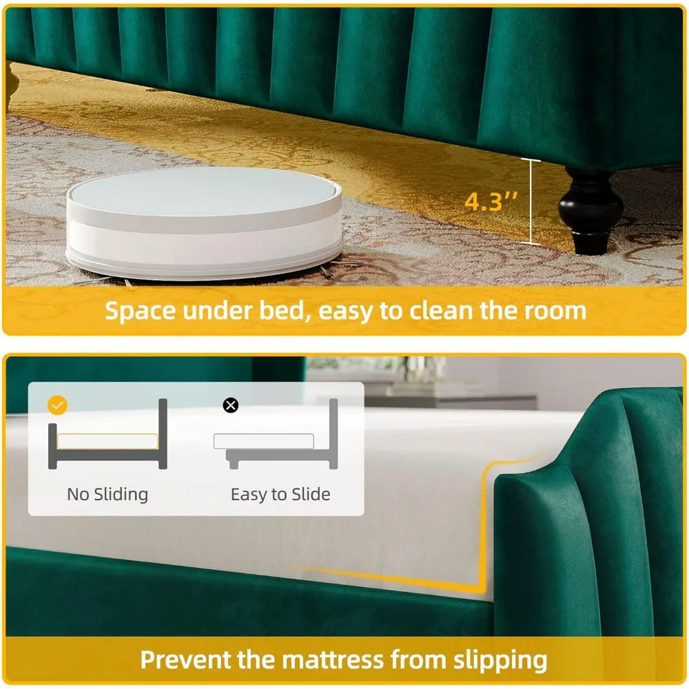 Queen Size Platform Bed Frame with 60" Tall Wingback Headboard and Footboard, Velvet Upholstered Bed with LED Light,