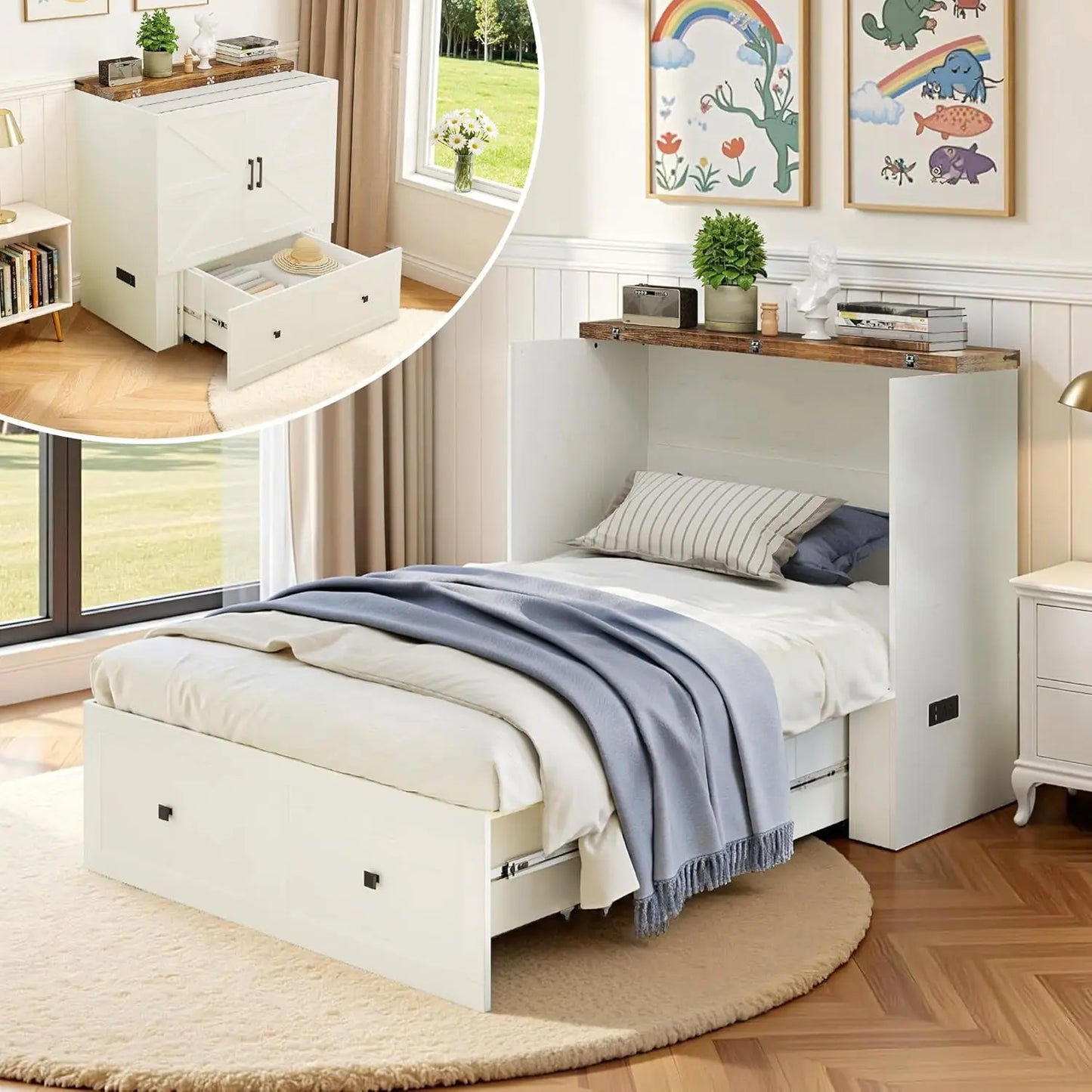 Twin Murphy Bed Cabinet with Storage Drawer, Farmhouse Foldable Platform Bed for Home Office