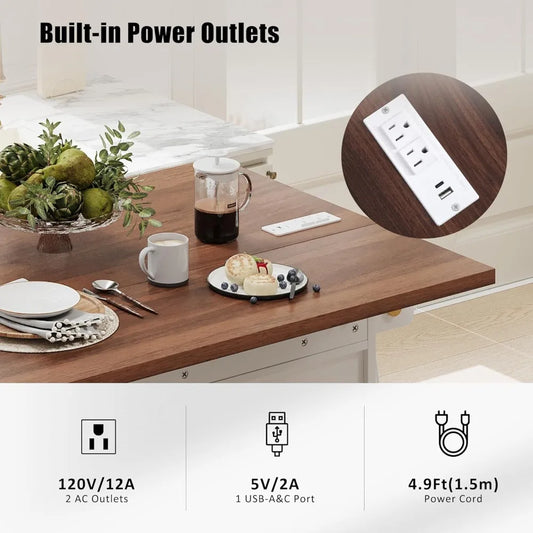 46.5" Farmhouse Kitchen Island with Drape of Beads, Rolling Kitchen Storage Cart on Wheels with Drop Leaf