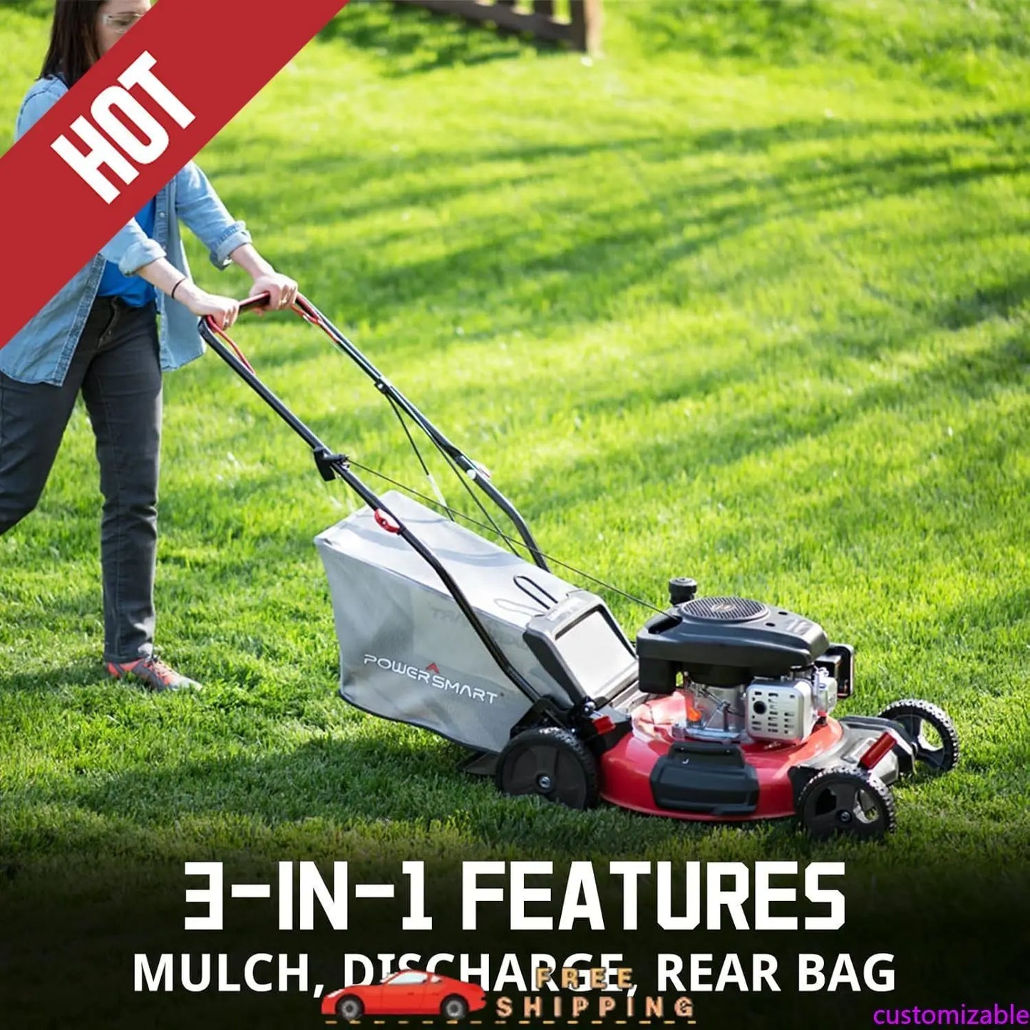 Customizable  Lawn Mower Gas Powered, 21-Inch 144cc Engine 3-in-1 Walk-Behind Push Lawn Mower, Oil Included