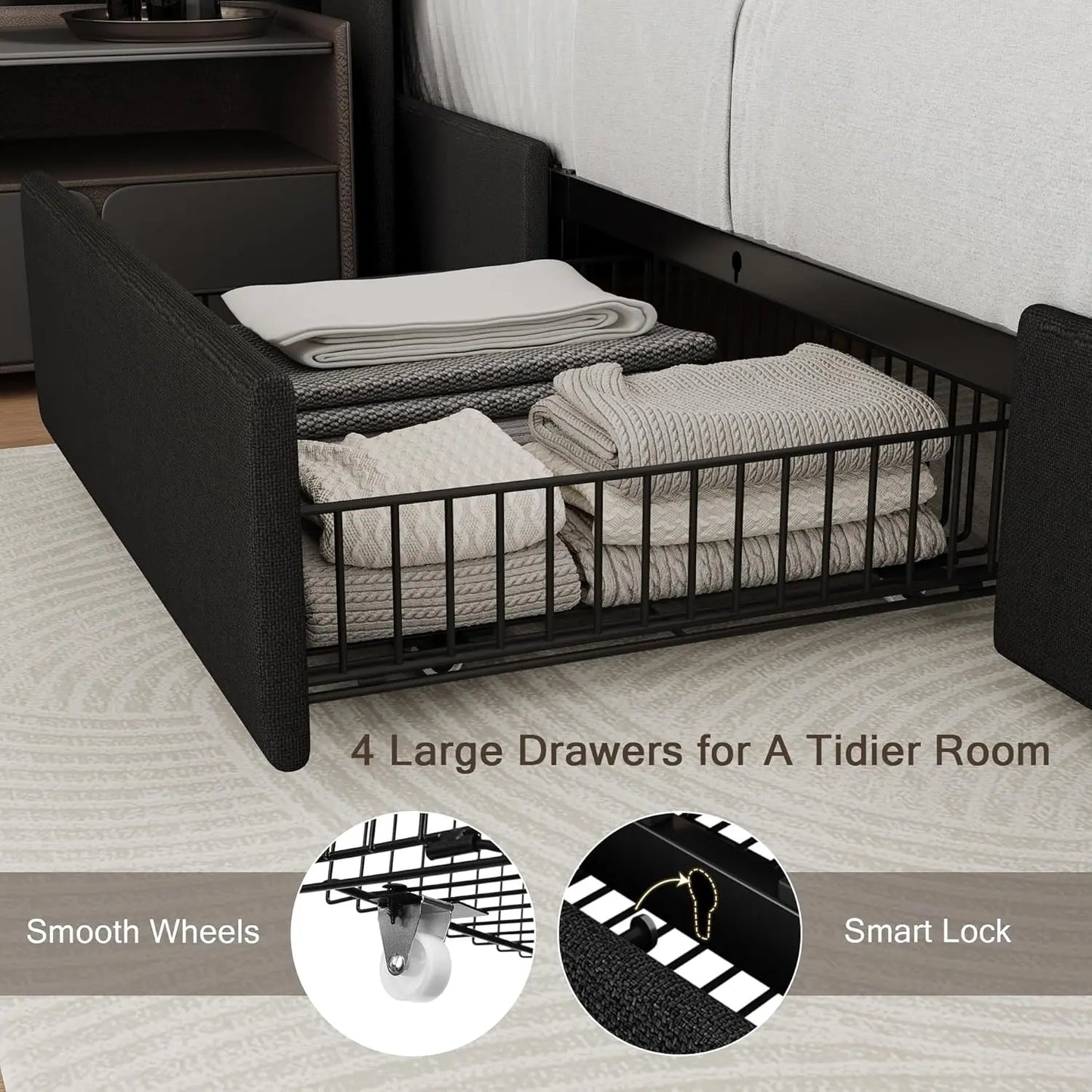 Full Size Bed Frame with Storage Drawers, Charging Station, and Upholstered Headboard - Easy Assembly, Black