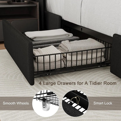 Full Size Bed Frame with Storage Drawers, Charging Station, and Upholstered Headboard - Easy Assembly, Black