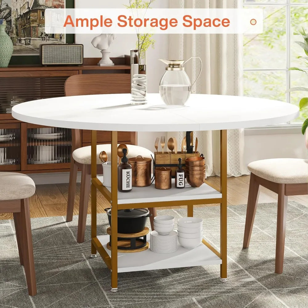 Round Dining Table for 4 People with 2-Tier Storage Shelves
