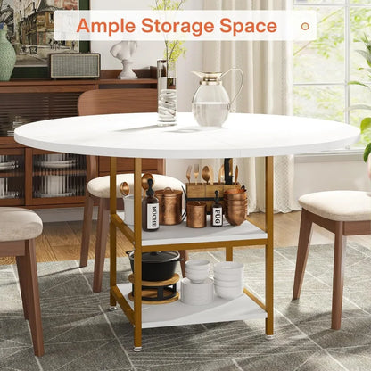 Round Dining Table for 4 People with 2-Tier Storage Shelves