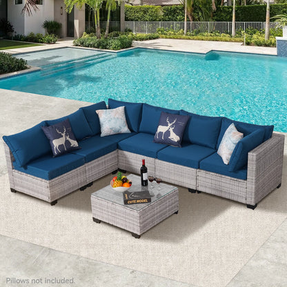 Outdoor Patio Furniture, 7 Piece Outdoor Sectional Sofa , Rattan Wicker Patio Conversation Sets with Thick Cushions