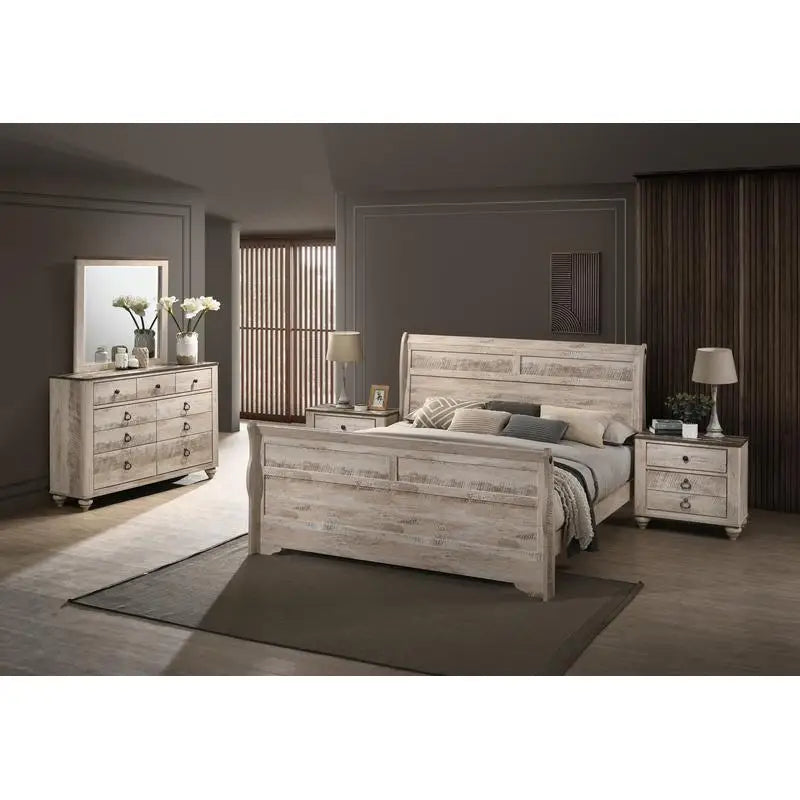 White Wash, Finish Bedroom Set with Queen Sleigh Bed, Dresser, Mirror & 2 Nightstands