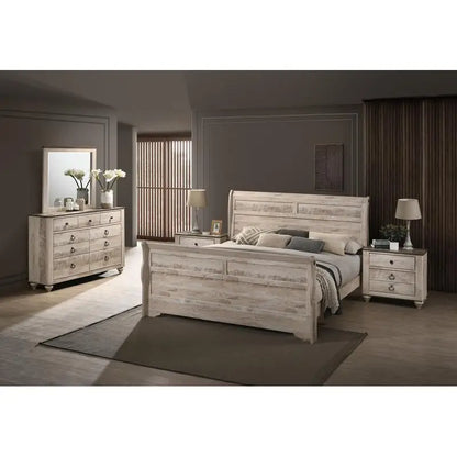 White Wash, Finish Bedroom Set with Queen Sleigh Bed, Dresser, Mirror & 2 Nightstands