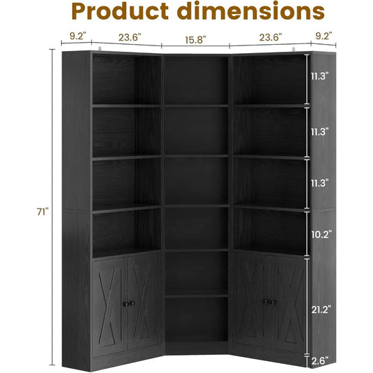 Large Corner Bookshelf with 2 Doors and Storage Cabinets, L-Shaped 7 Tiers Bookcase, 71” Tall