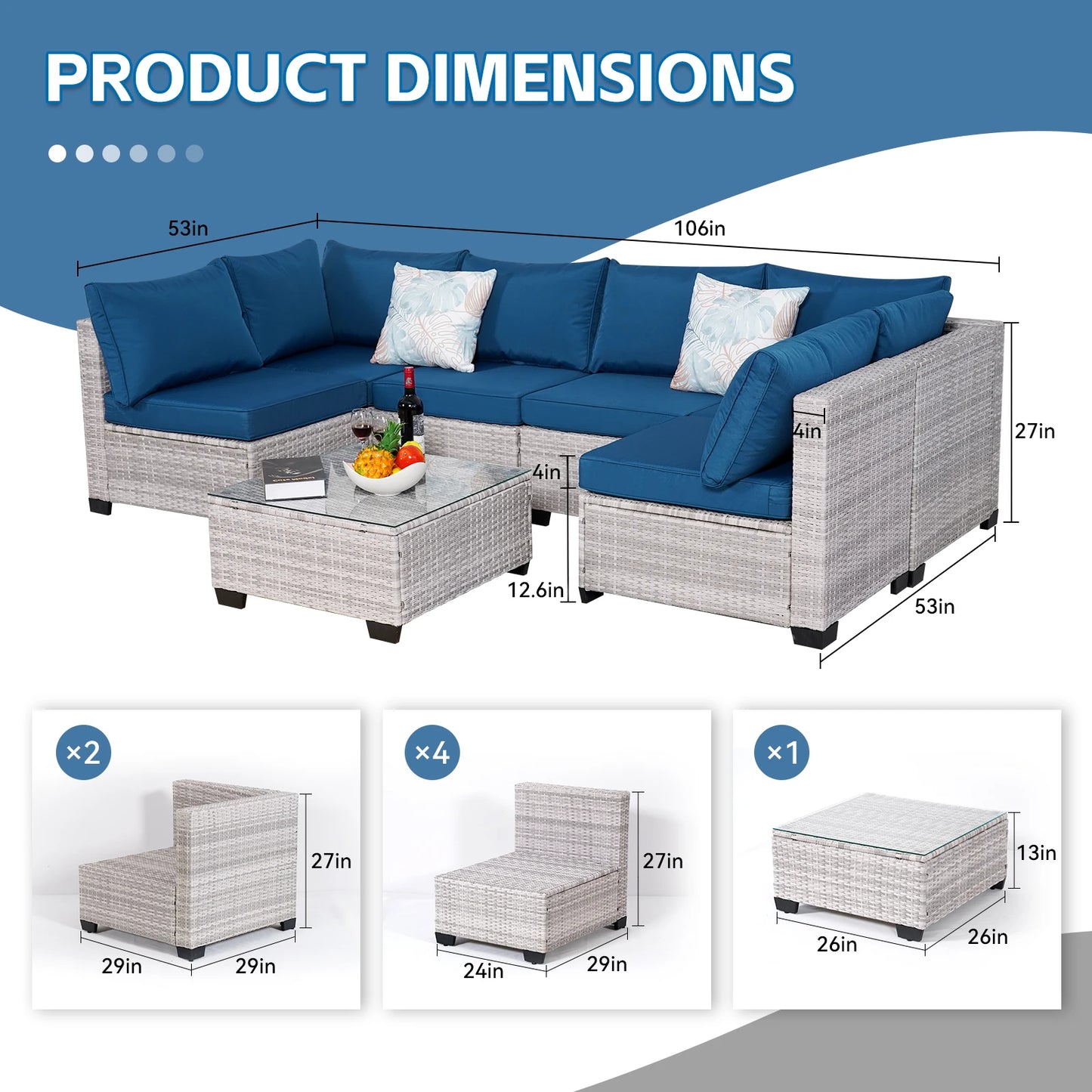 Outdoor Patio Furniture, 7 Piece Outdoor Sectional Sofa , Rattan Wicker Patio Conversation Sets with Thick Cushions