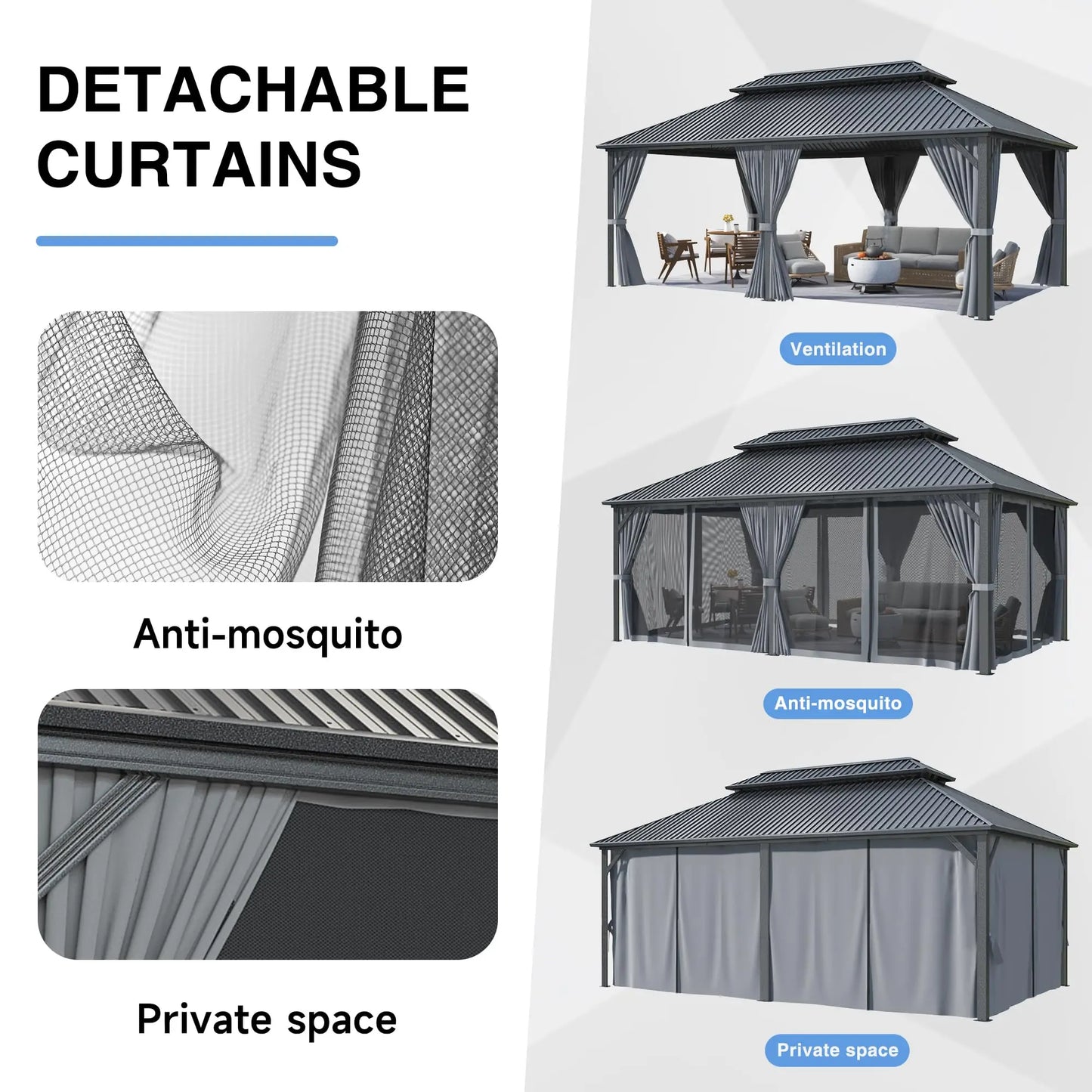 10x12~12x20FT Hardtop Gazebo Aluminum Frame Galvanized Steel Roof w/ Netting Curtain All Weather for Backyard Patio Garden